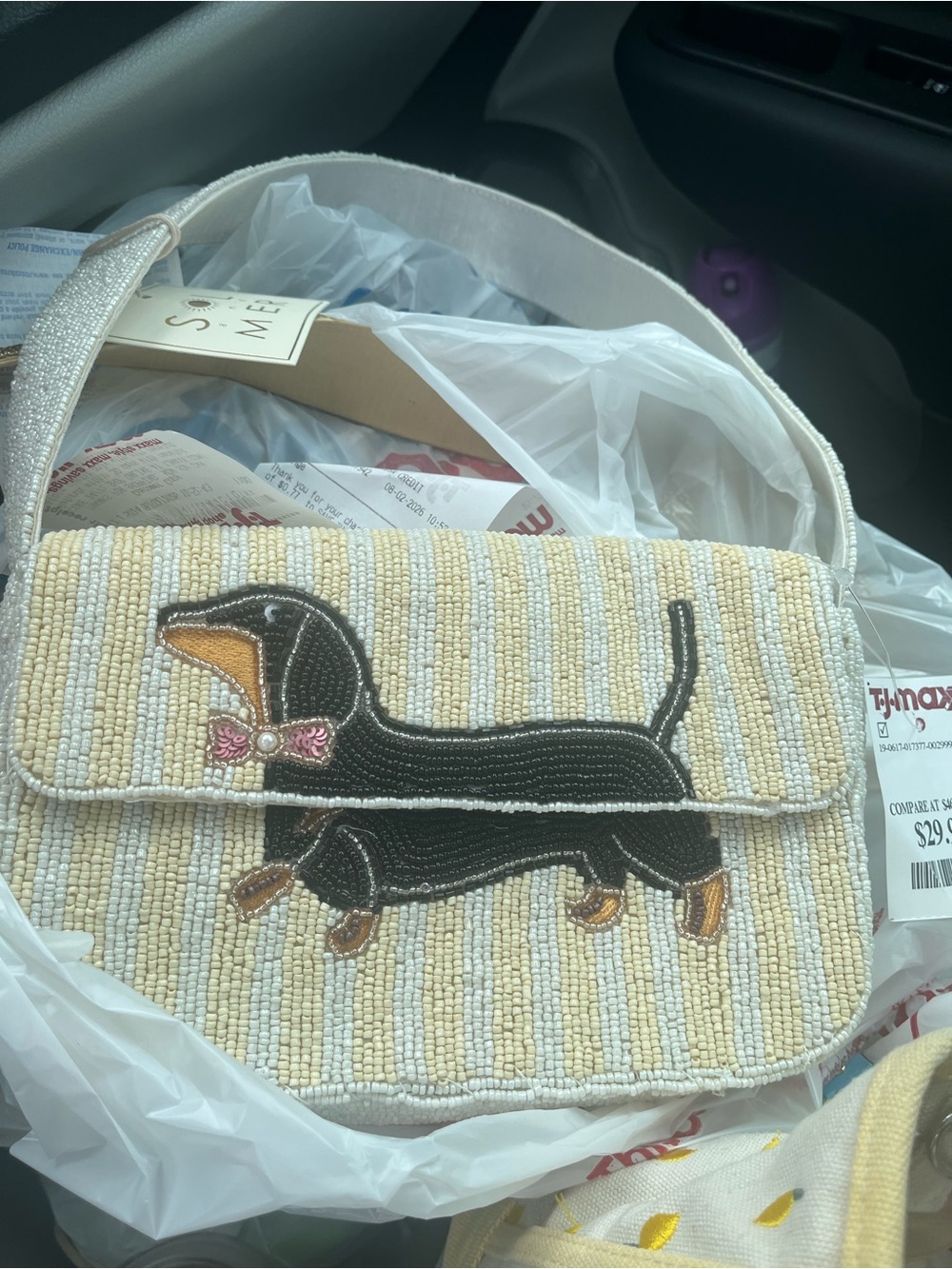 Beaded Black Dachshund Crossbody Bag with Bow Accent